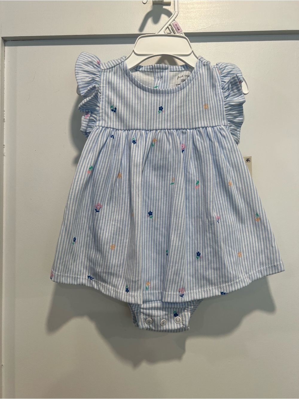 First Impressions Blue & White Striped Floral Embroidered Bodysuit Dress